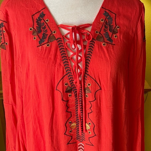 Kings Road lined rayon orange midi dress with embroidered detail. Size L. - Picture 5 of 13